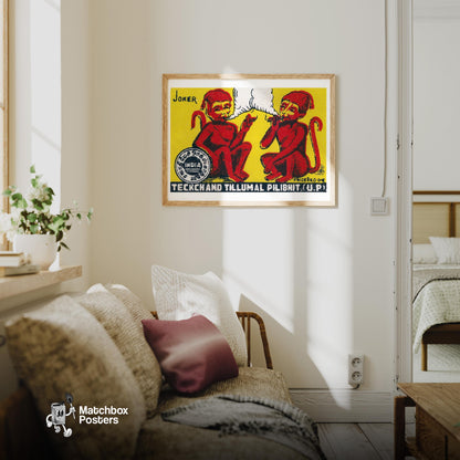 Smoking Monkeys - vintage matchbox label print - living room mockup