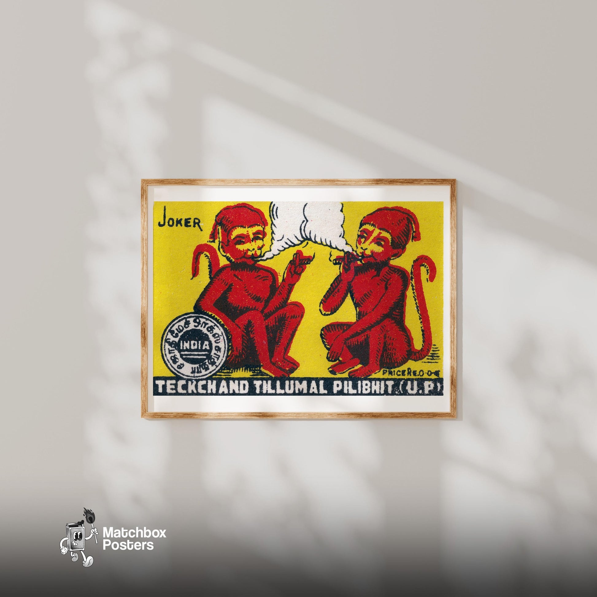 Smoking Monkeys - vintage matchbox label print - bedroom mockup