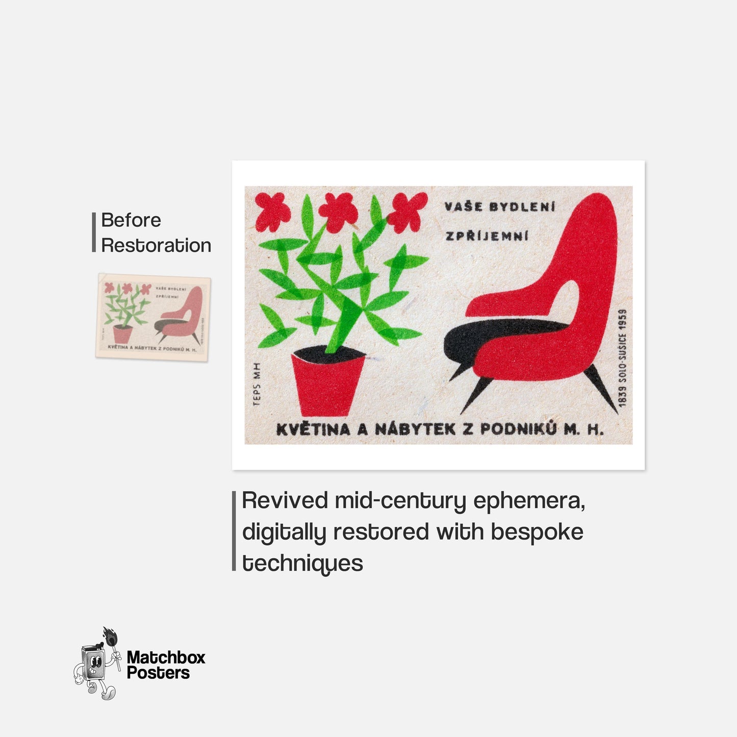 Red Flowers and Chair - vintage matchbox label print - framed wall art preview