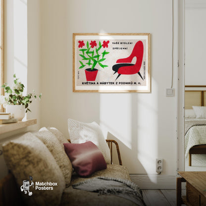 Red Flowers and Chair - vintage matchbox label print - living room mockup