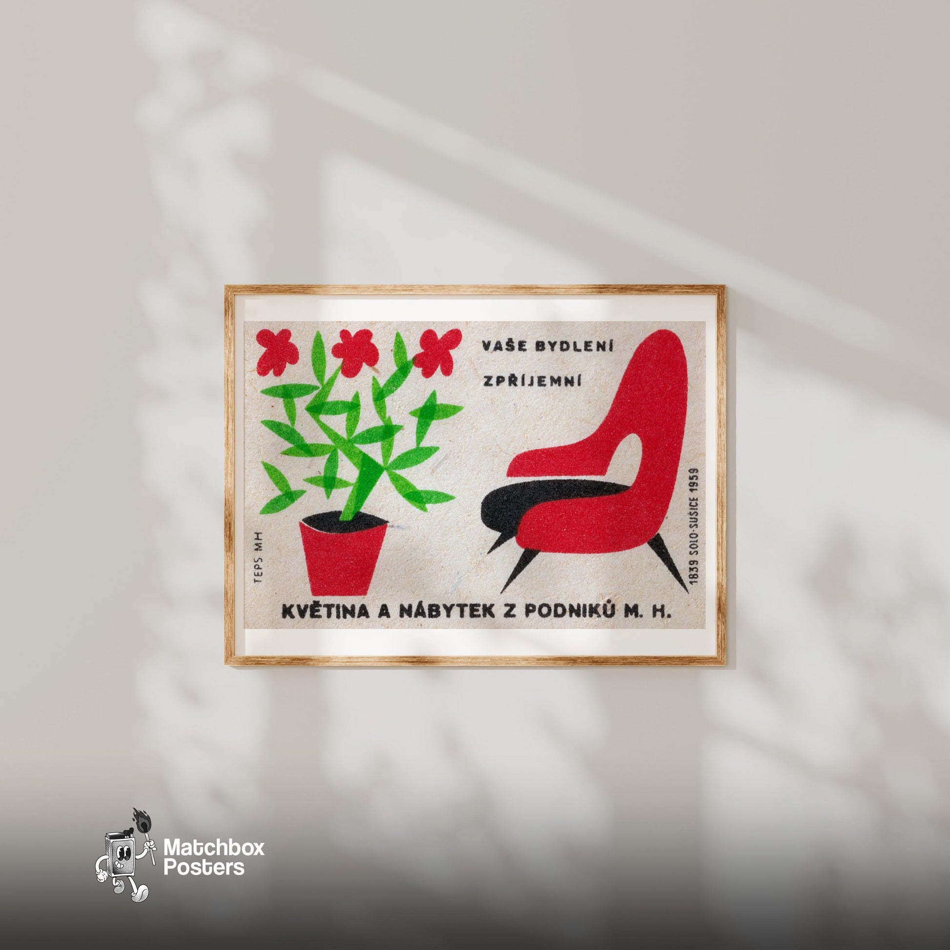 Red Flowers and Chair - vintage matchbox label print - bedroom mockup