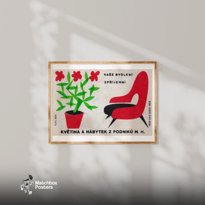 Red Flowers and Chair - vintage matchbox label print - bedroom mockup