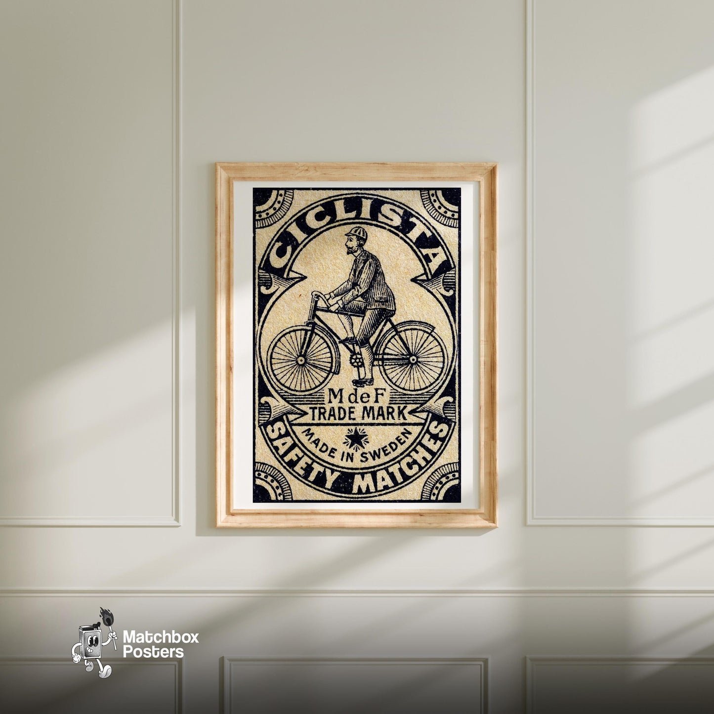 Vintage Cyclist - vintage matchbox label print - bedroom mockup