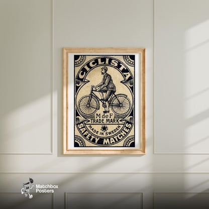 Vintage Cyclist - vintage matchbox label print - bedroom mockup