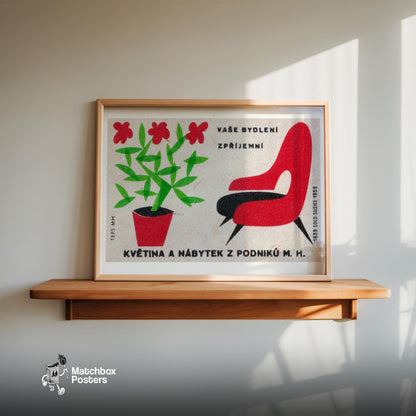 Red Flowers and Chair - vintage matchbox label print - size comparison