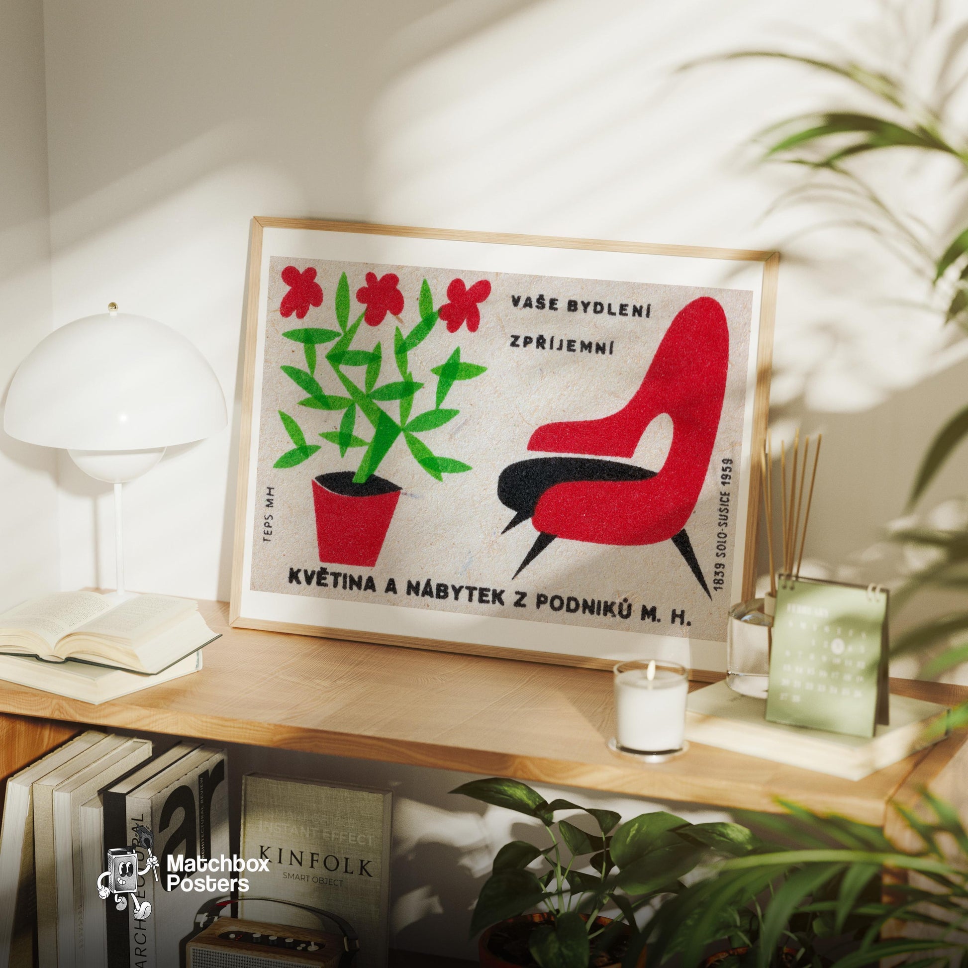 Red Flowers and Chair - vintage matchbox label print - office wall