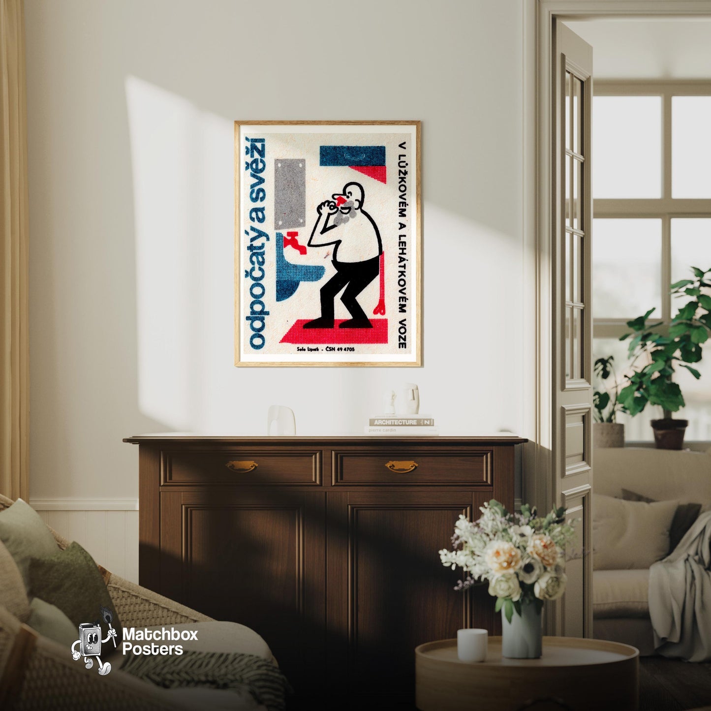 Man Washing Face - vintage matchbox label print - living room mockup