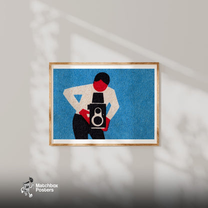 Person Holding A Vintage Camera - vintage matchbox label print - bedroom mockup