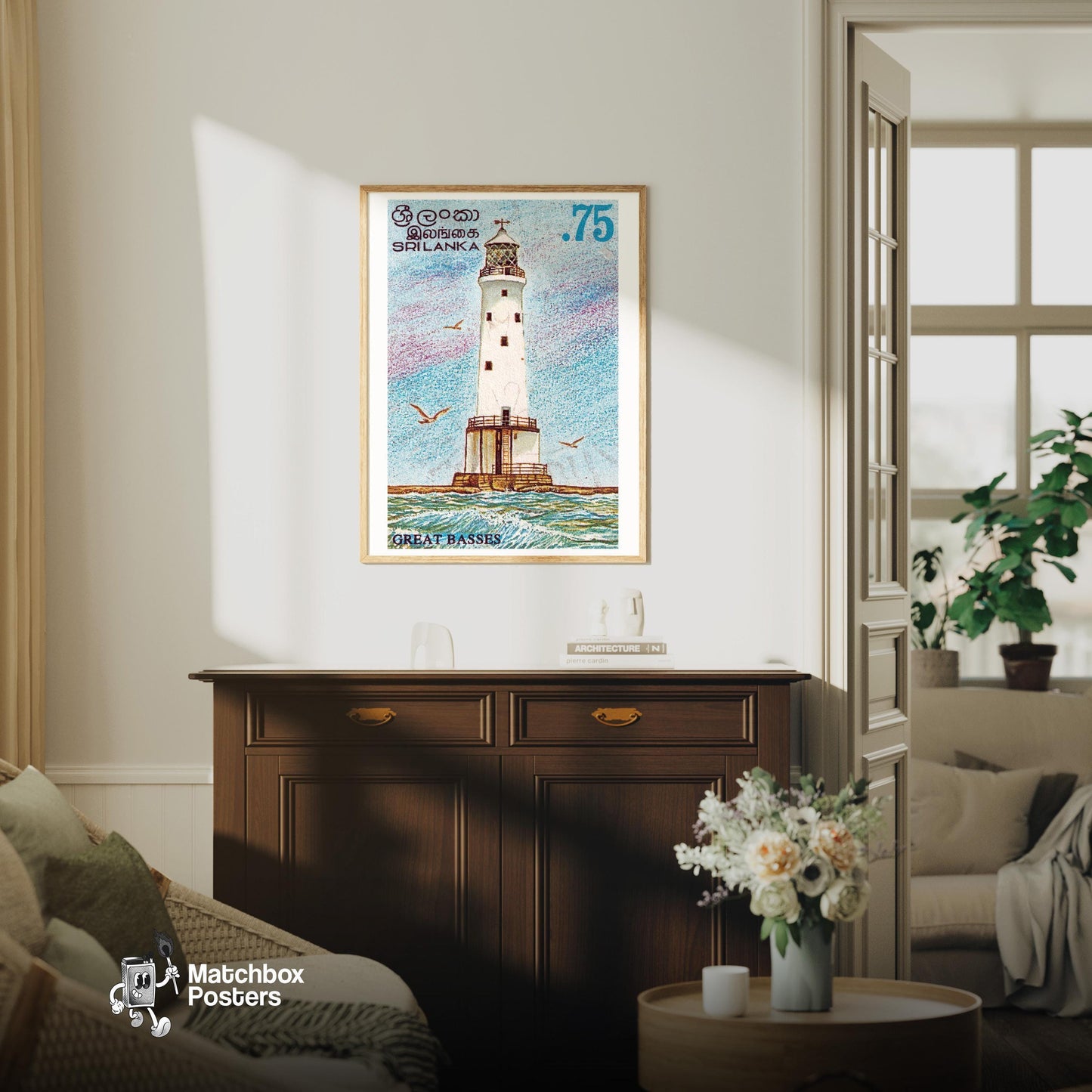 Lighthouse Wall Art - vintage matchbox label print - living room mockup