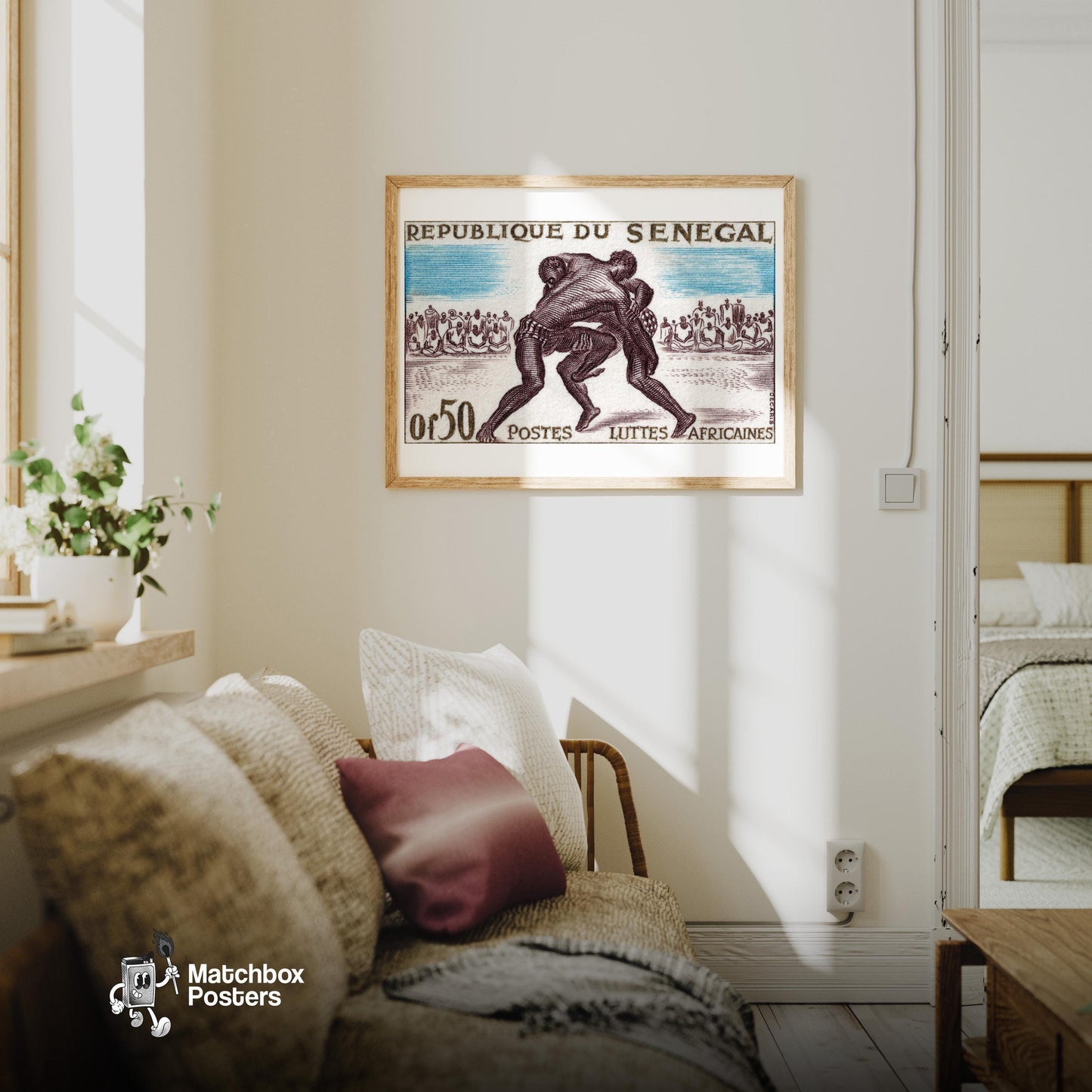 Wrestling - vintage matchbox label print - living room mockup