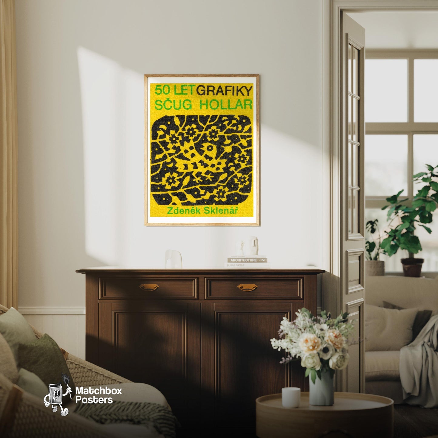 Yellow Folk Pattern - vintage matchbox label print - living room mockup