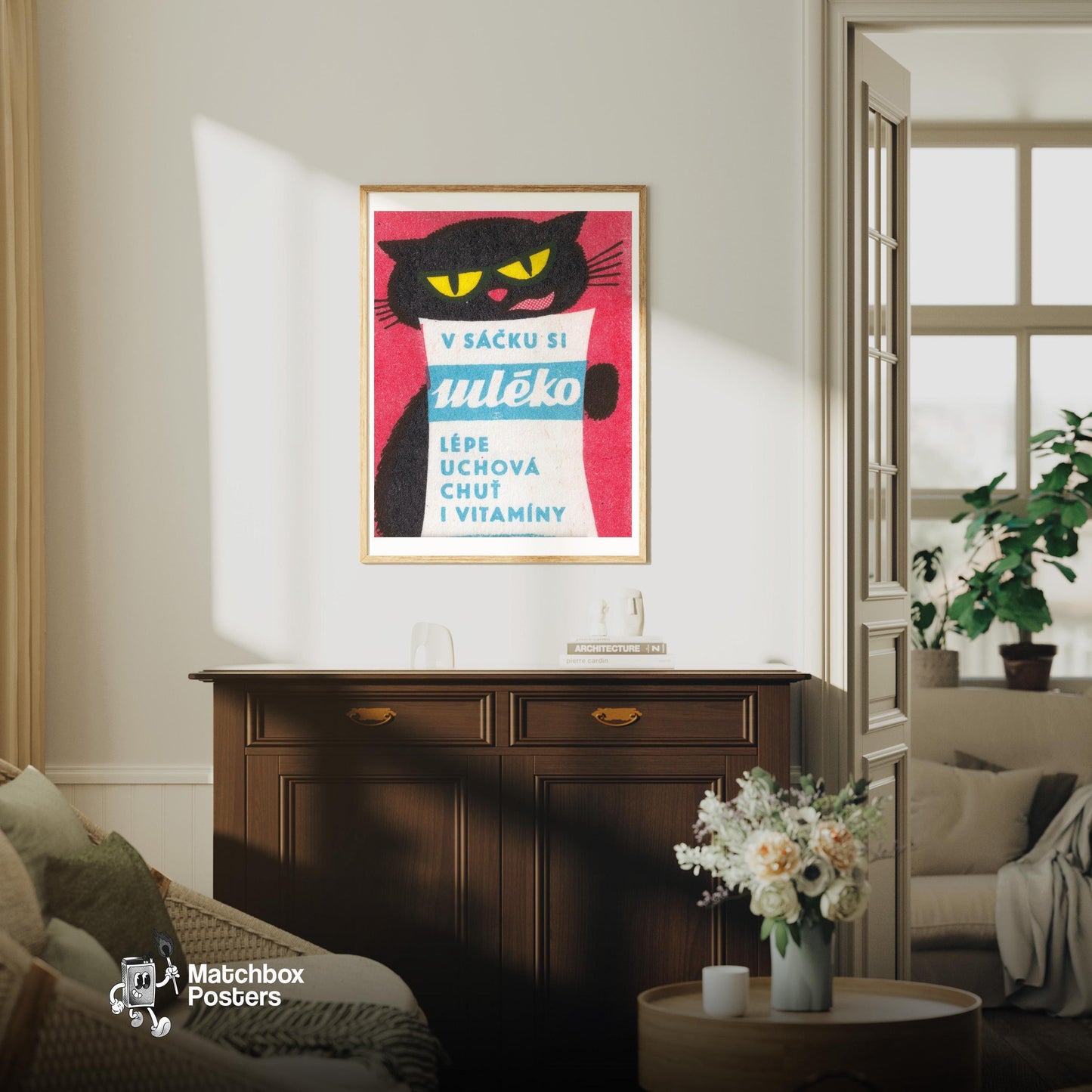 Black Cat - vintage matchbox label print - living room mockup