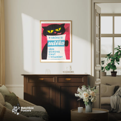 Black Cat - vintage matchbox label print - living room mockup