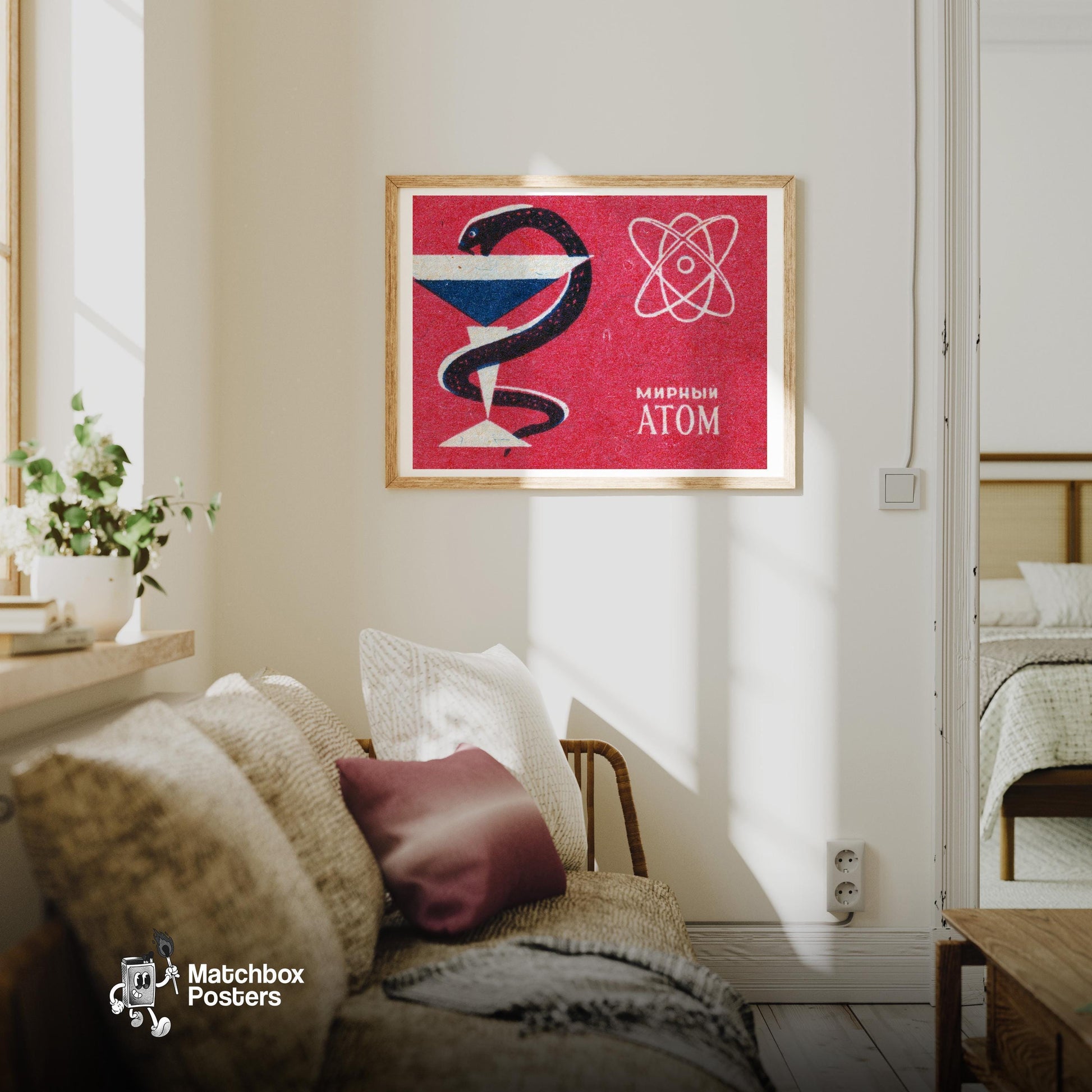Peaceful Atom Martini - vintage matchbox label print - living room mockup