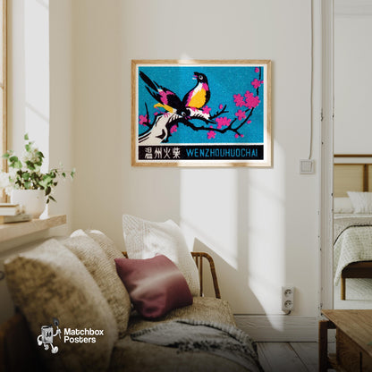 Two Yellow Birds - vintage matchbox label print - living room mockup