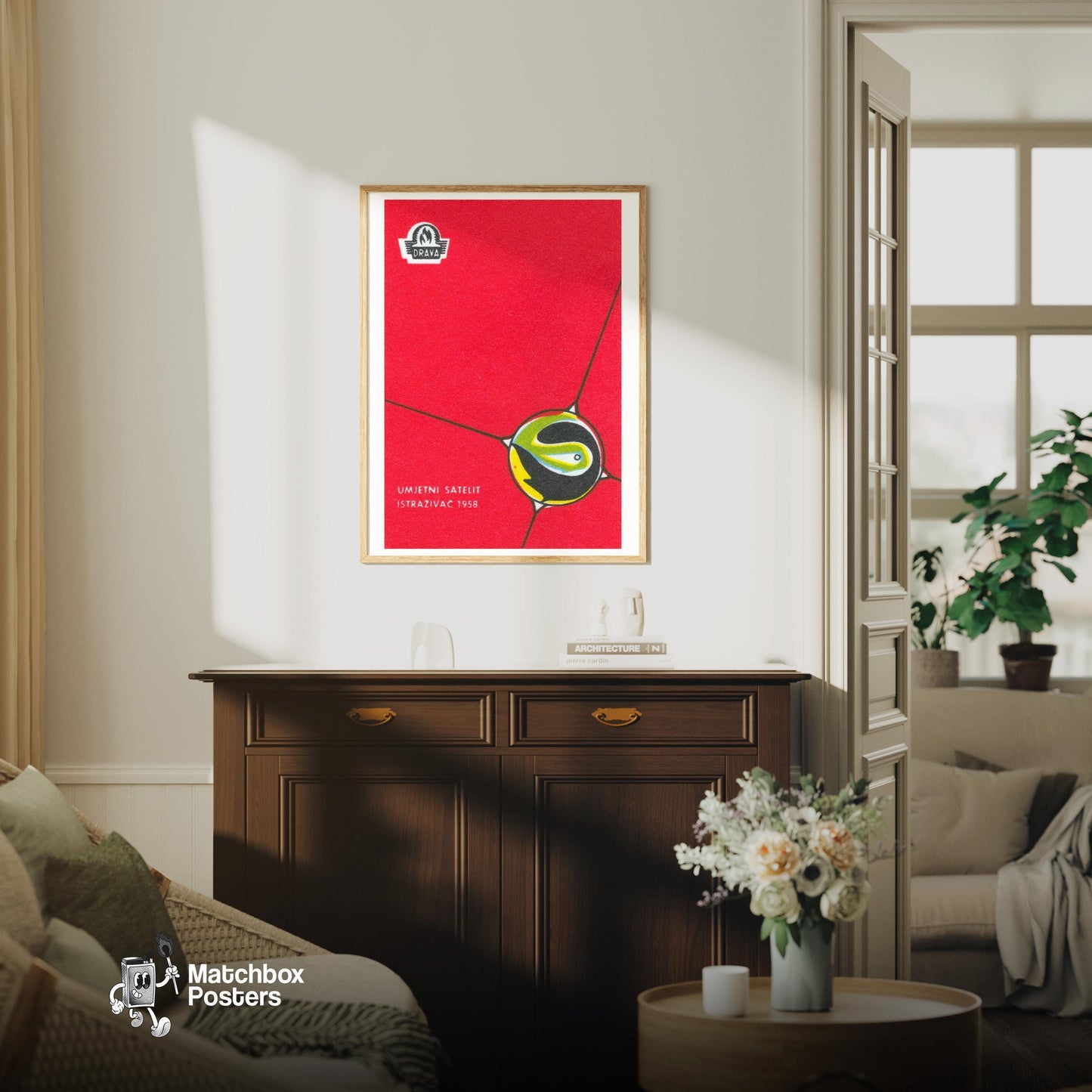 Stylized Satellite - vintage matchbox label print - living room mockup