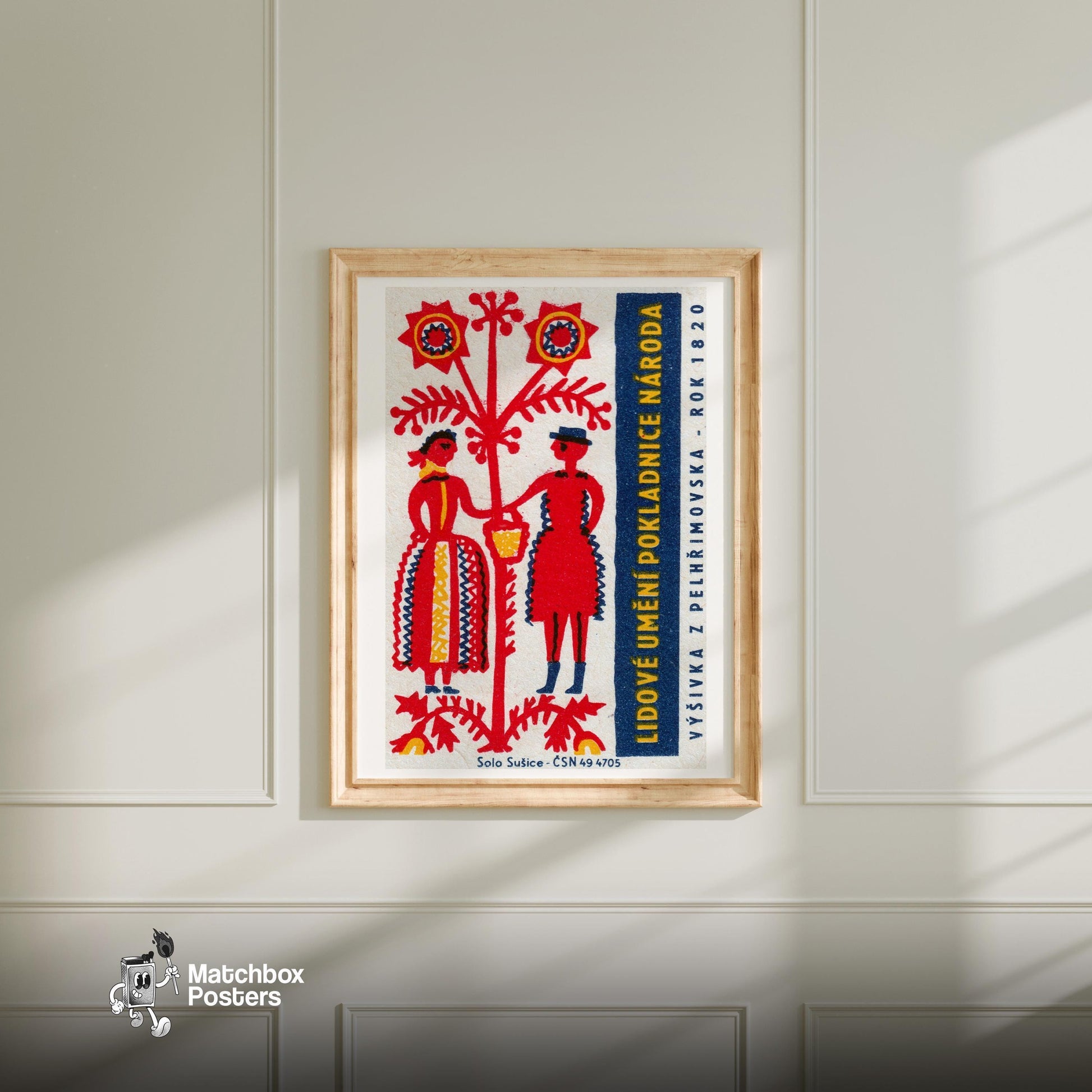 Folk Man and Woman - vintage matchbox label print - bedroom mockup