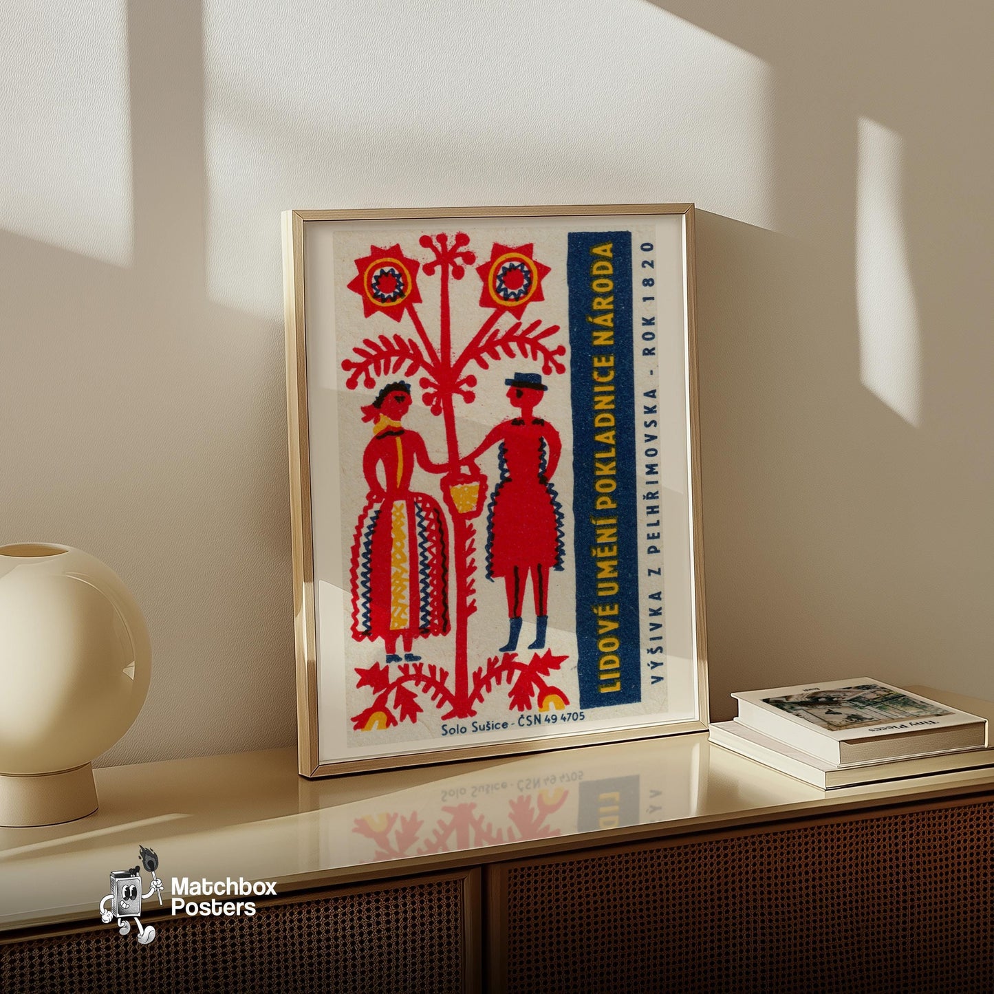 Folk Man and Woman - vintage matchbox label print - size comparison
