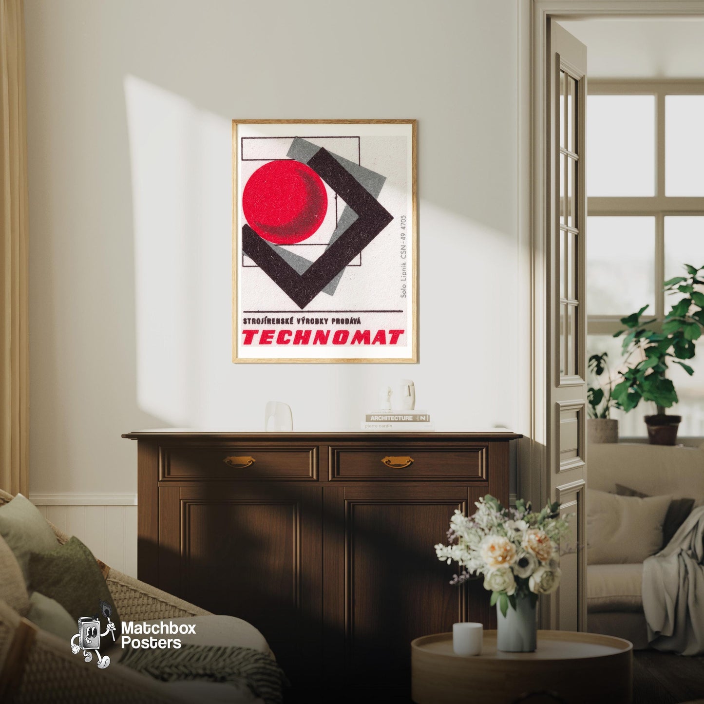 Geometric - vintage matchbox label print - living room mockup