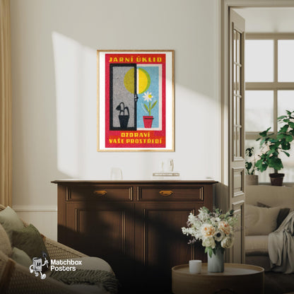 Spring Clean Your House - vintage matchbox label print - living room mockup