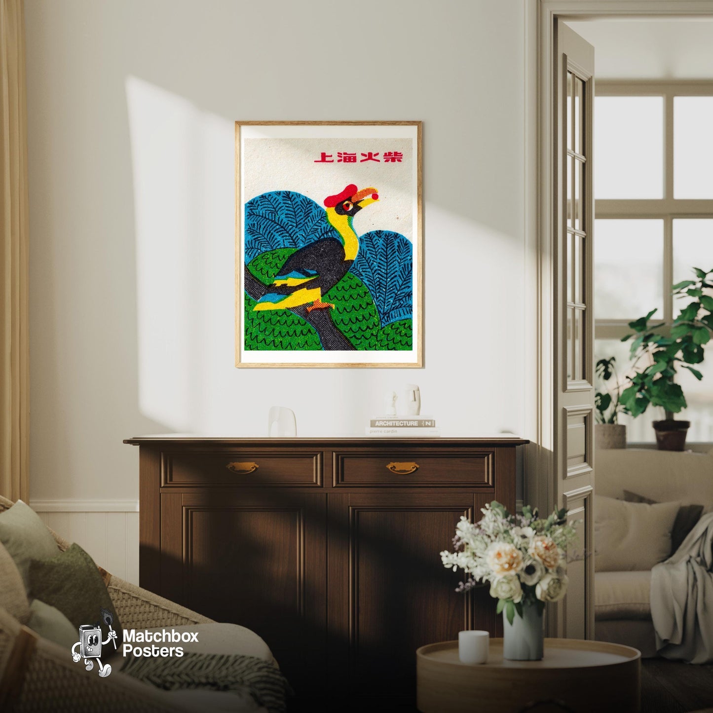 Toucan - vintage matchbox label print - living room mockup