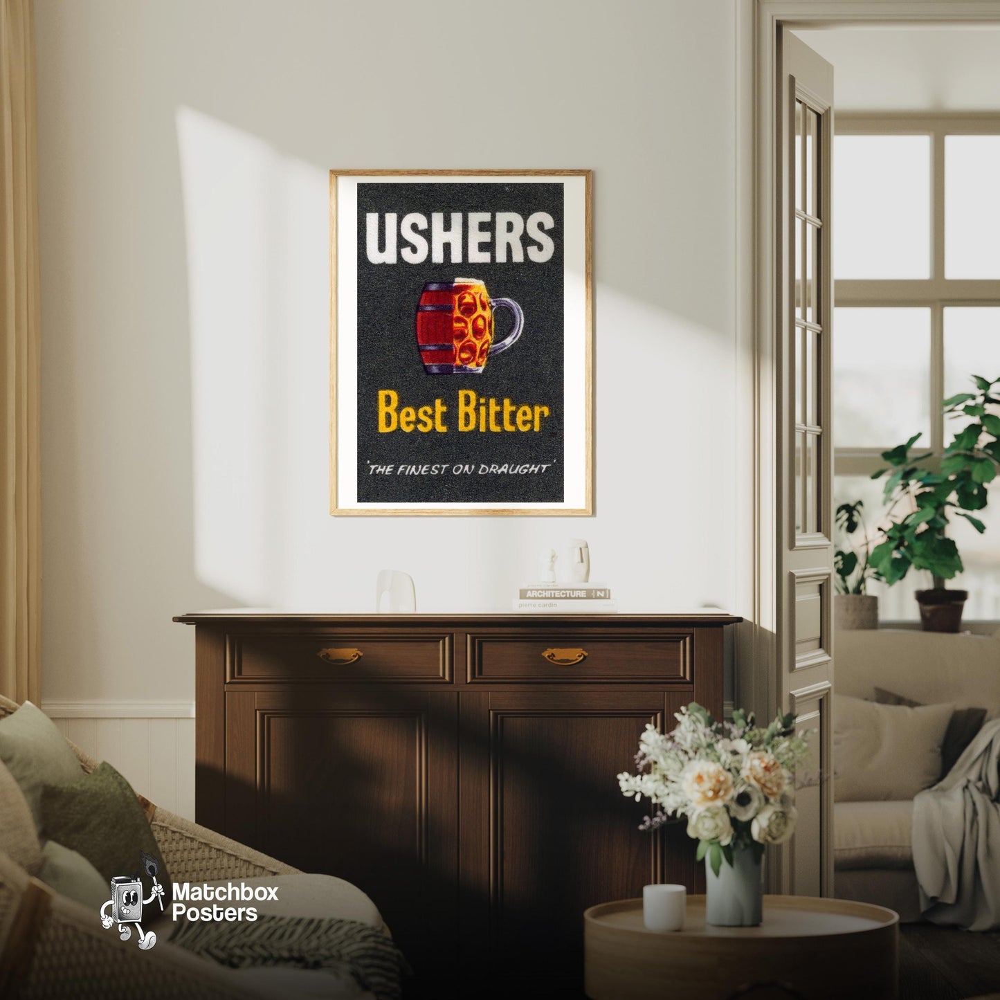 Beer Keg - vintage matchbox label print - living room mockup