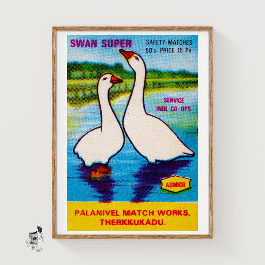 Two Swans - vintage matchbox label print