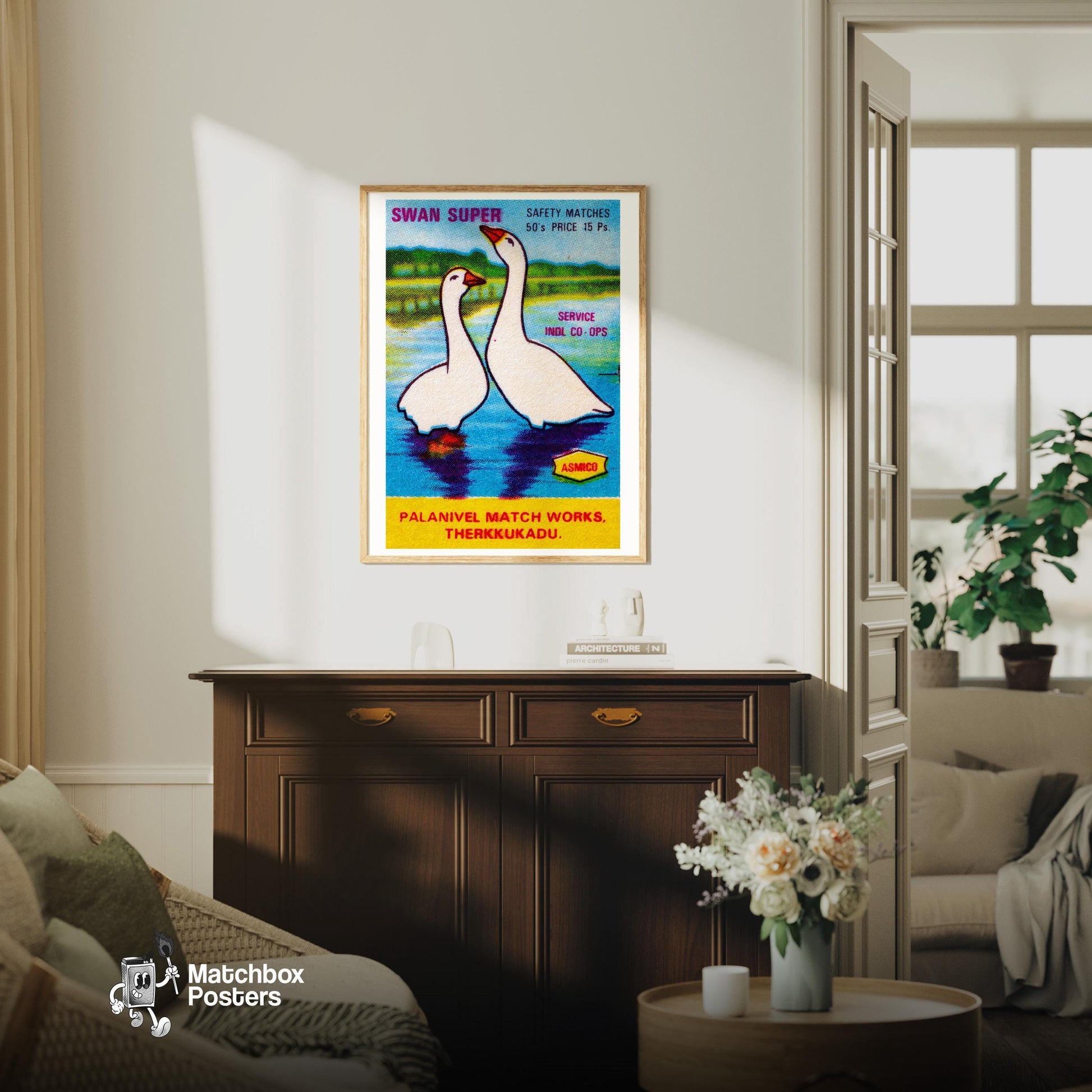 Two Swans - vintage matchbox label print - living room mockup