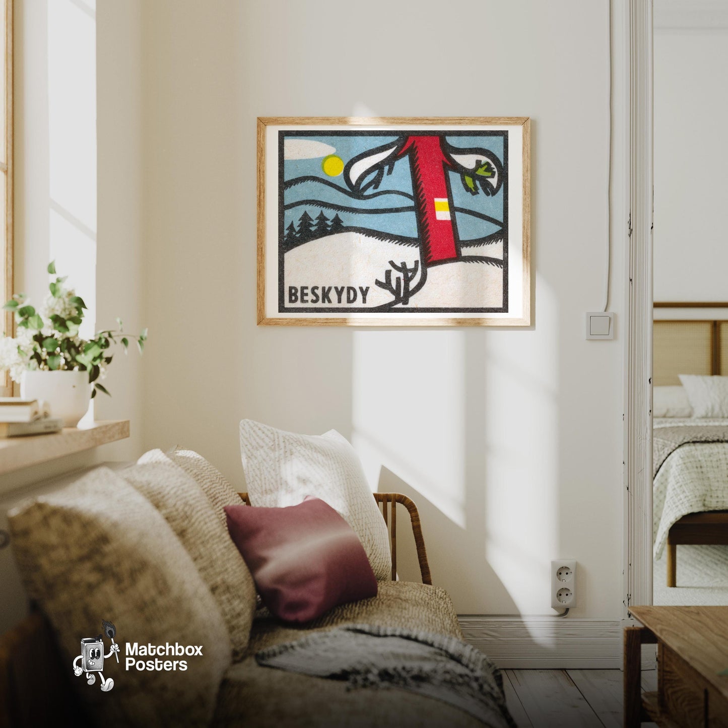 Winter Landscape - vintage matchbox label print - living room mockup