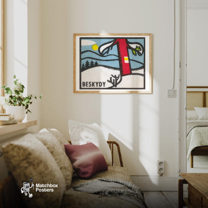 Winter Landscape - vintage matchbox label print - living room mockup