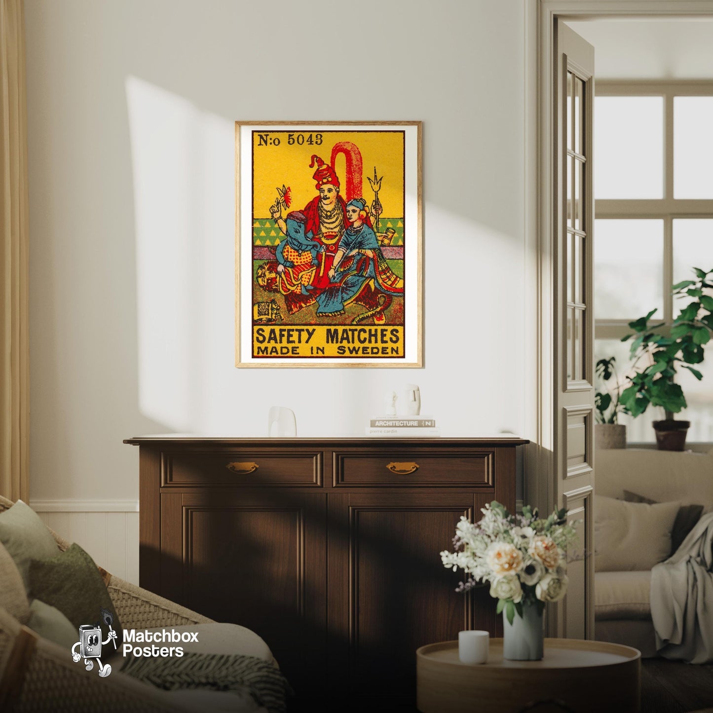 Hindu Deities - vintage matchbox label print - living room mockup