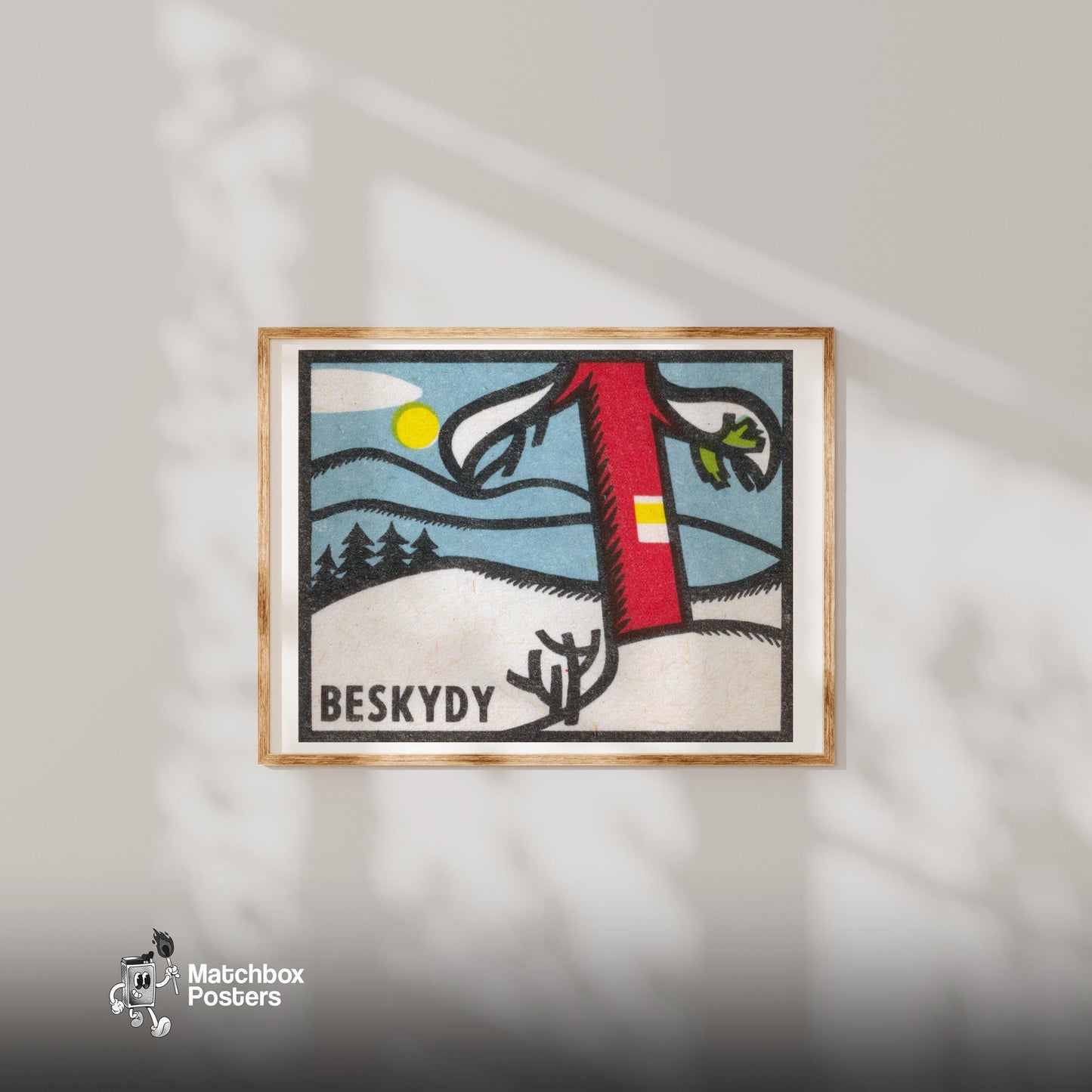 Winter Landscape - vintage matchbox label print - bedroom mockup