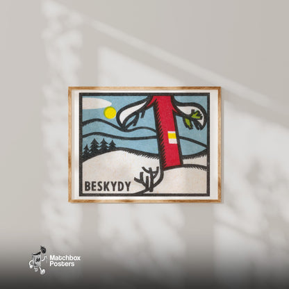 Winter Landscape - vintage matchbox label print - bedroom mockup