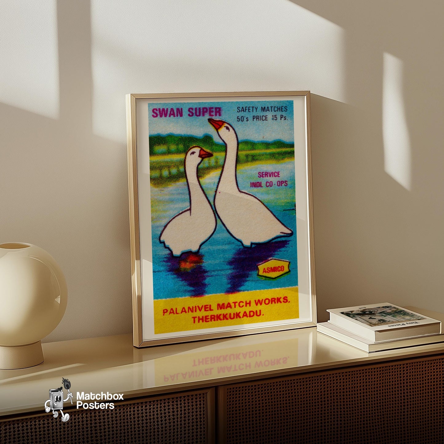 Two Swans - vintage matchbox label print - size comparison
