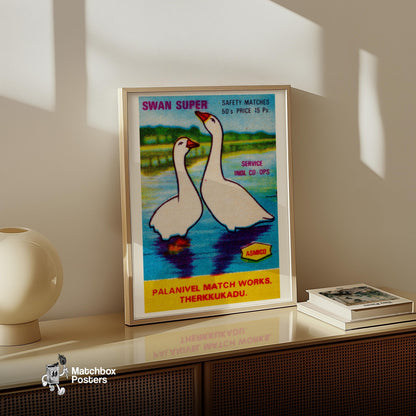 Two Swans - vintage matchbox label print - size comparison