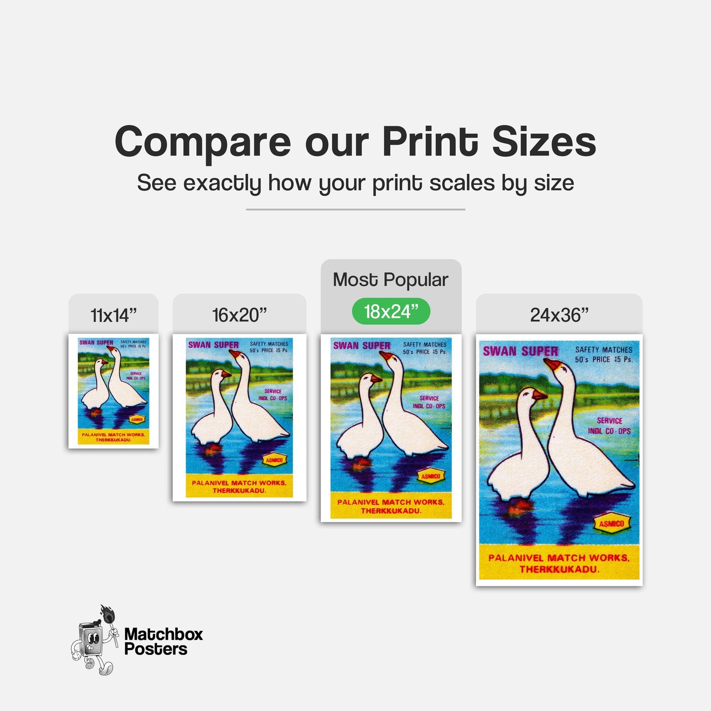 Two Swans - vintage matchbox label print - gallery wall preview