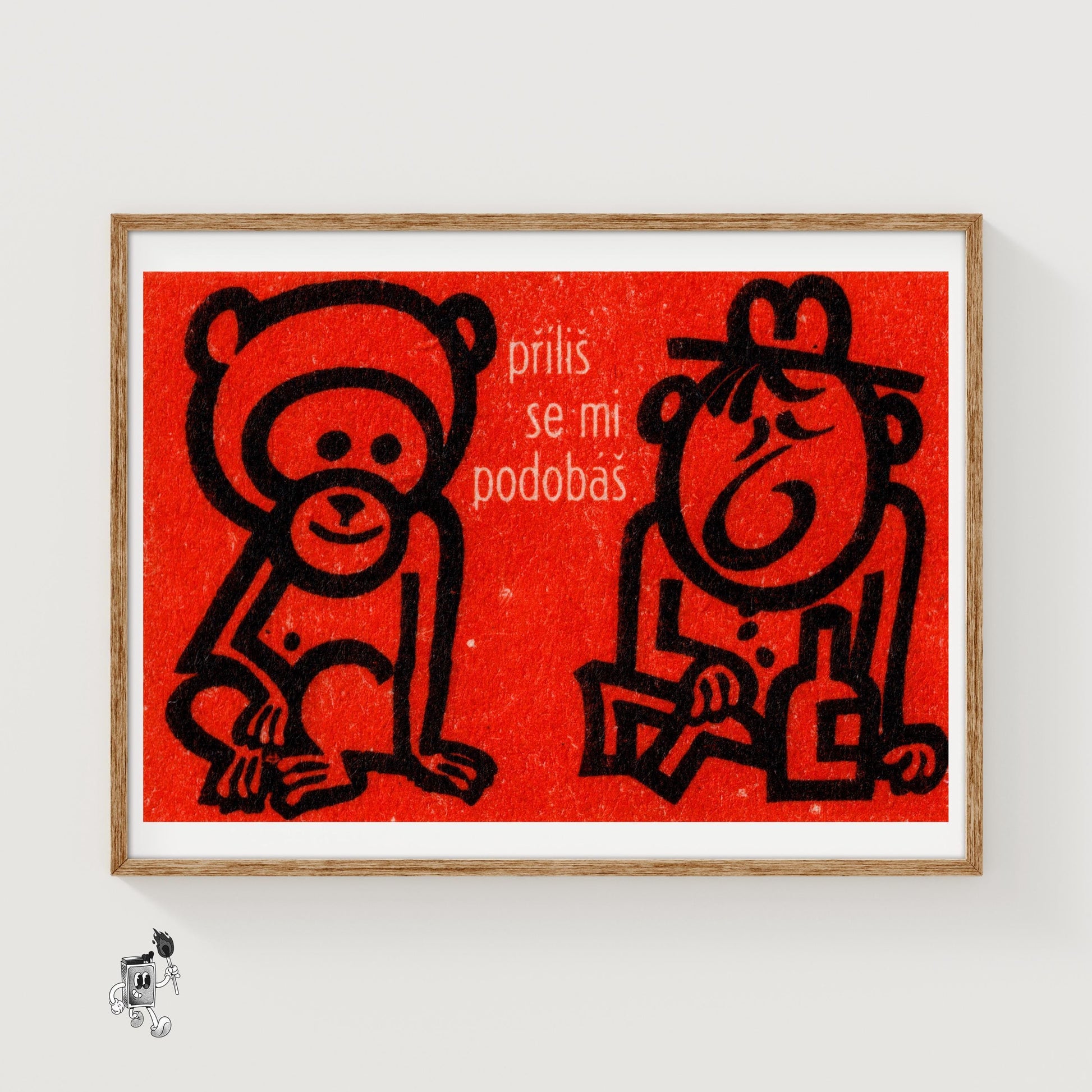 Monkey and Drunk Man - vintage matchbox label print