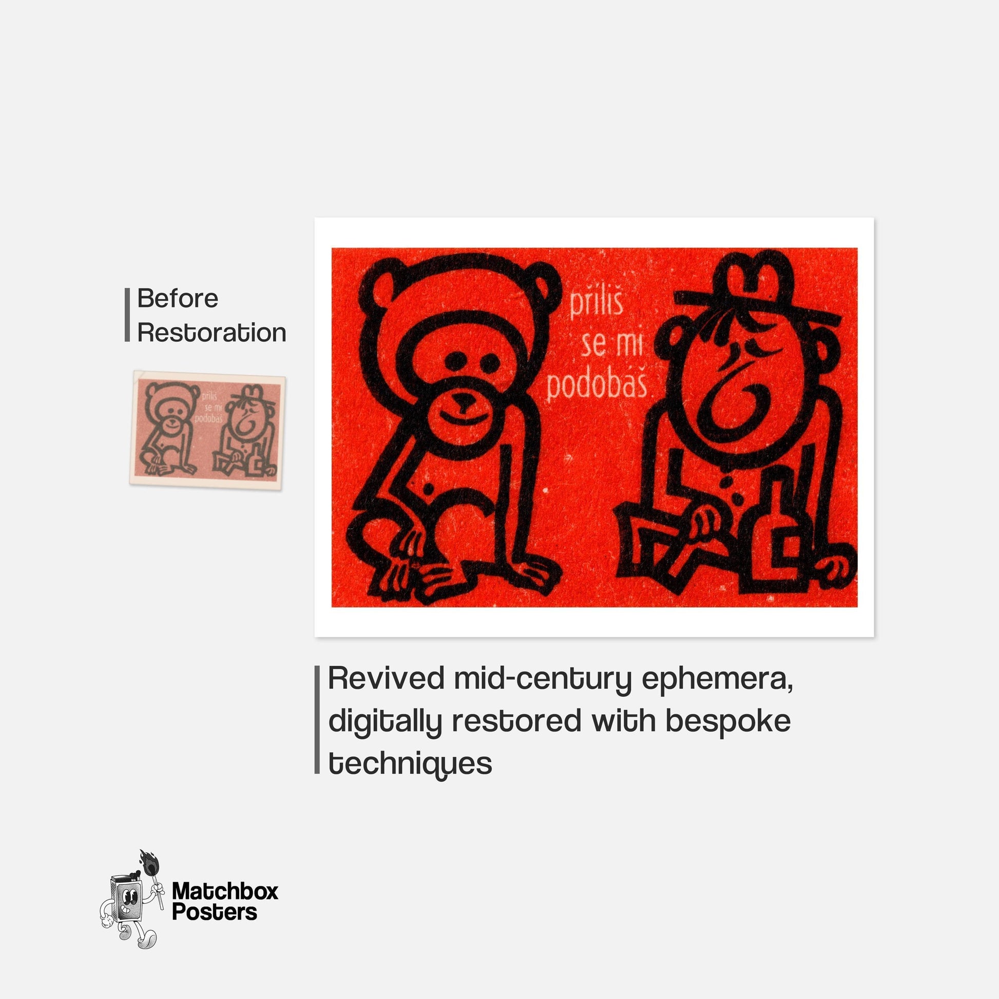 Monkey and Drunk Man - vintage matchbox label print - framed wall art preview