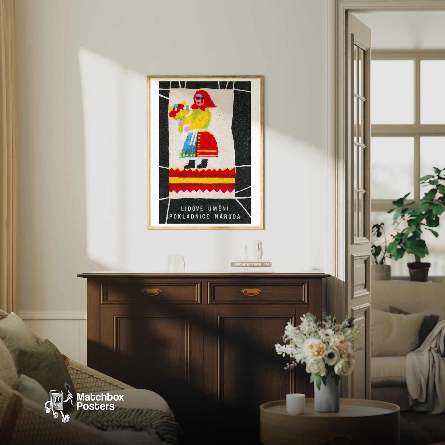 Folk Woman with Flowers - vintage matchbox label print - living room mockup