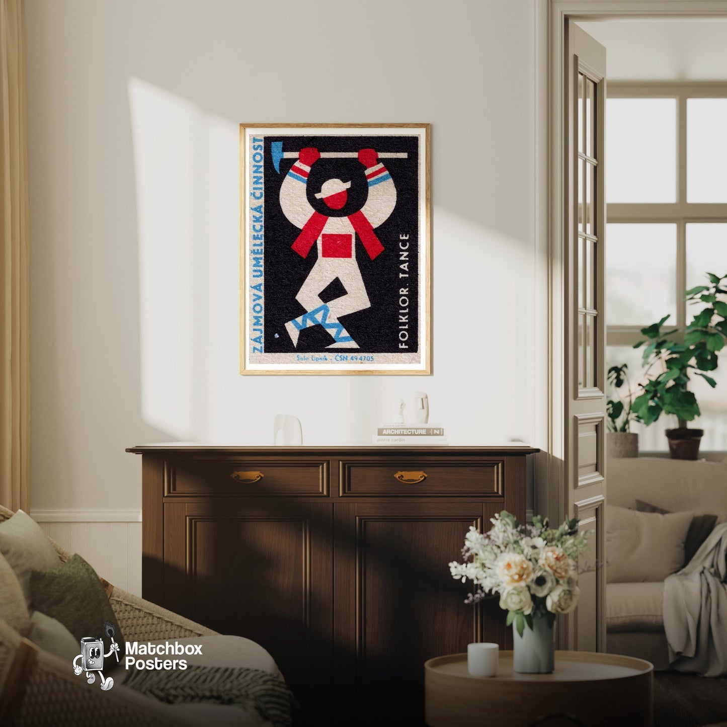 Stylized Folk Dancer - vintage matchbox label print - living room mockup