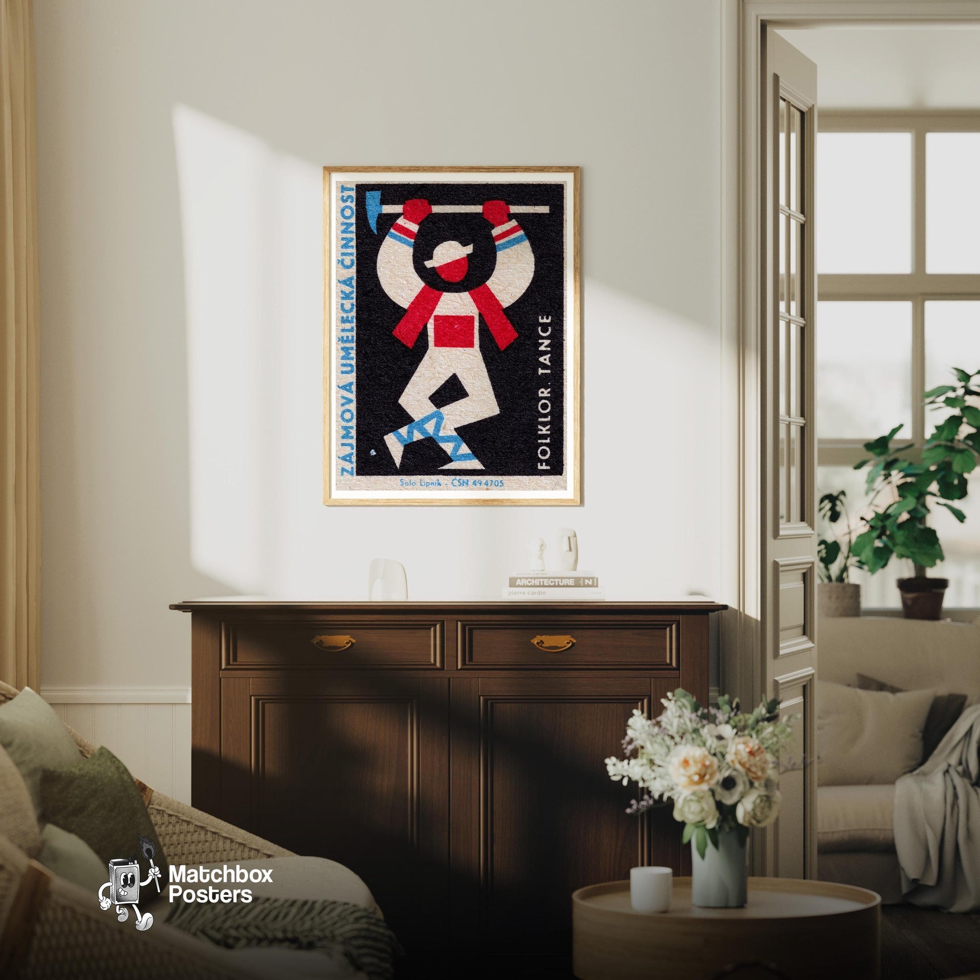 Stylized Folk Dancer - vintage matchbox label print - living room mockup