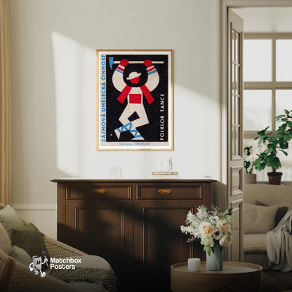 Stylized Folk Dancer - vintage matchbox label print - living room mockup