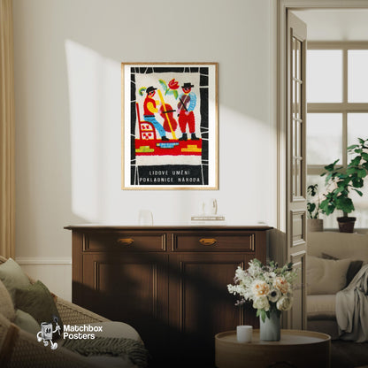 Folk Musicians - vintage matchbox label print - living room mockup