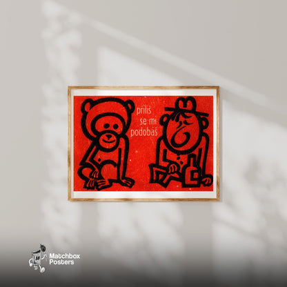 Monkey and Drunk Man - vintage matchbox label print - bedroom mockup