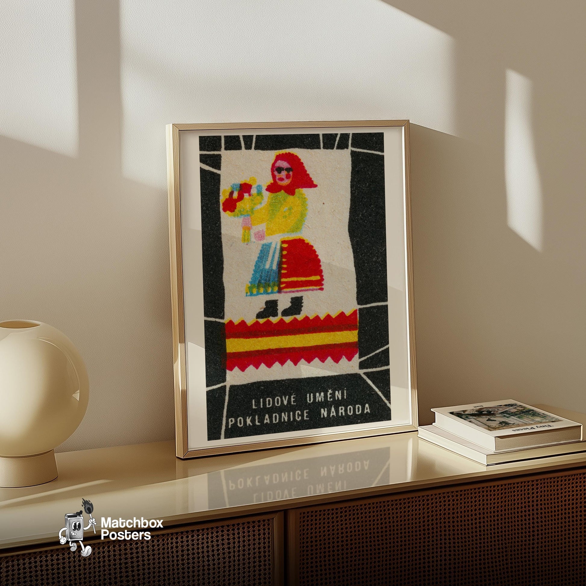 Folk Woman with Flowers - vintage matchbox label print - size comparison