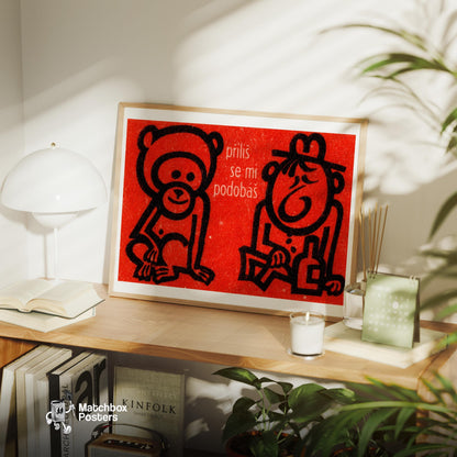 Monkey and Drunk Man - vintage matchbox label print - office wall