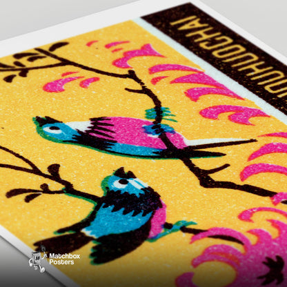 Two Pink Birds - vintage matchbox label print - close-up detail