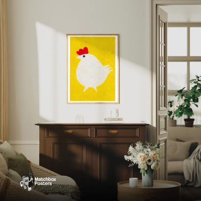 Stylized White Chicken - vintage matchbox label print - living room mockup