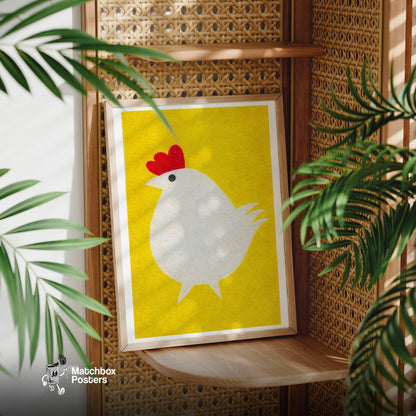 Stylized White Chicken - vintage matchbox label print - office wall