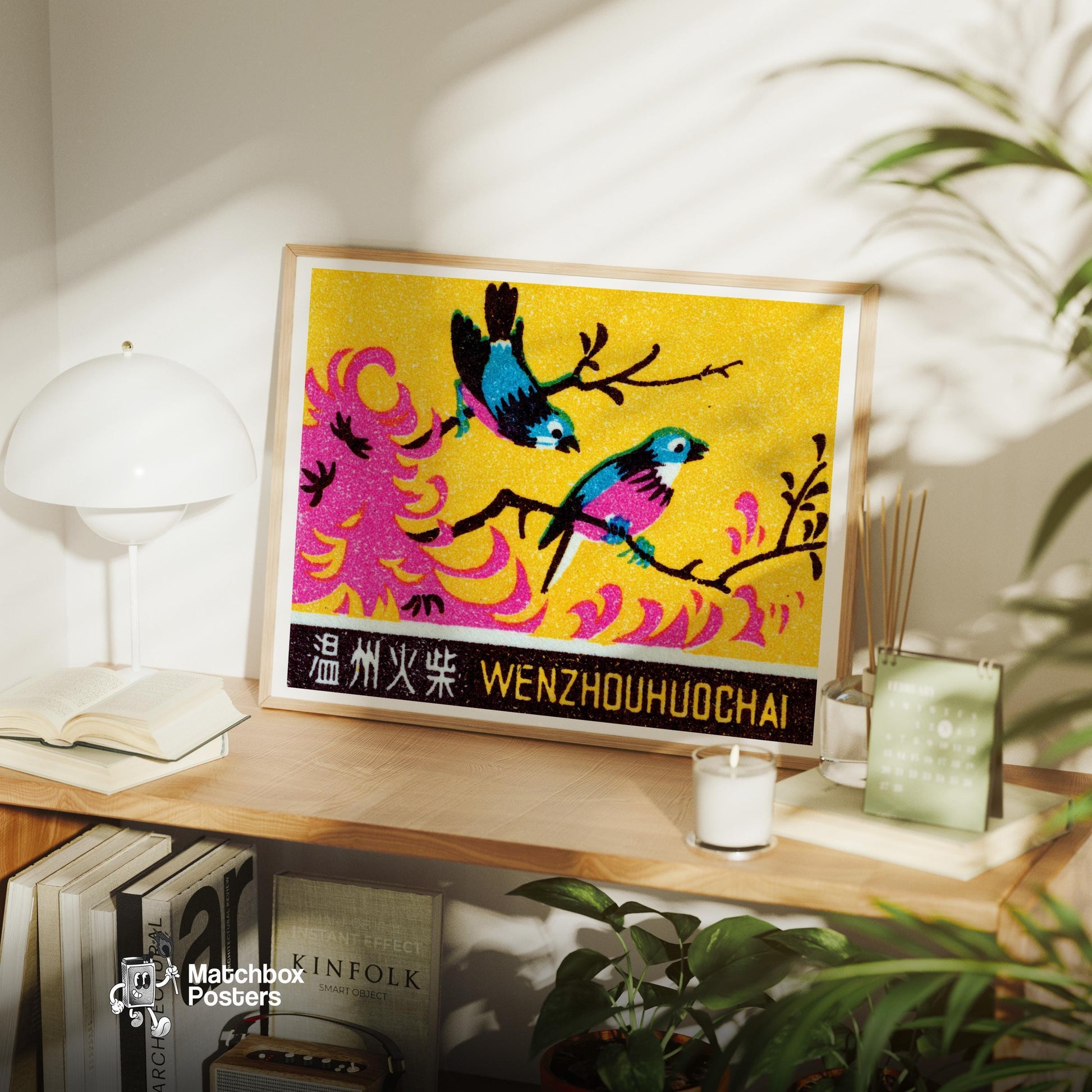 Two Pink Birds - vintage matchbox label print - office wall